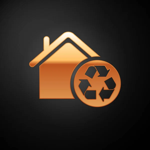 Gold-Öko-Haus mit Recycling-Symbol auf schwarzem Hintergrund isoliert. Ökologie zu Hause mit Recycling-Pfeilen. Vektorillustration — Stockvektor