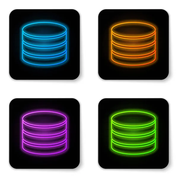 Leuchtende Neon-Datenbank-Symbol isoliert auf weißem Hintergrund. Netzwerk-Datenbanken, Disc mit Fortschrittsbalken. Sicherungskonzept. schwarzer quadratischer Knopf. Vektorillustration — Stockvektor