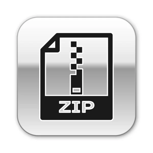 Icono de documento de archivo ZIP negro. Descargar icono de botón zip aislado sobre fondo blanco. Símbolo del archivo ZIP. Botón cuadrado plateado. Ilustración vectorial — Vector de stock