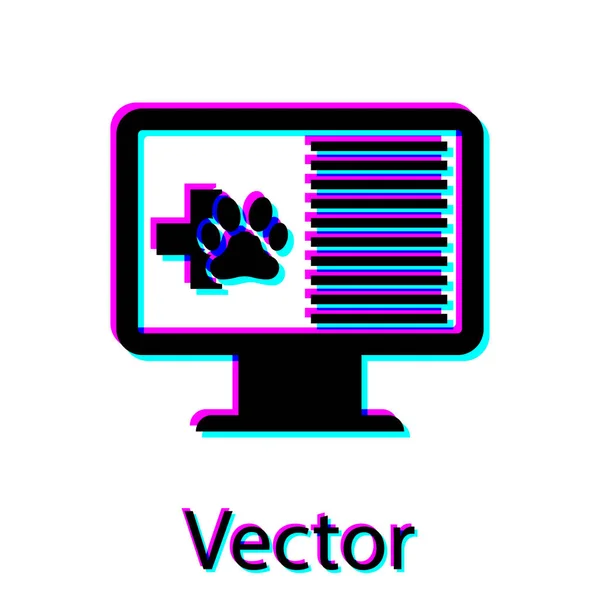 Black Medical animal de estimação registro clínico no ícone monitor isolado em fundo branco. Formulário de seguro de saúde. Prescrição, relatório de marcas médicas. Ilustração vetorial — Vetor de Stock