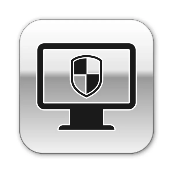 黑色计算机监视器和屏蔽图标隔离在白色背景上。计算机安全、防火墙技术、互联网隐私安全或防病毒。银色方形按钮。矢量插图 — 图库矢量图片