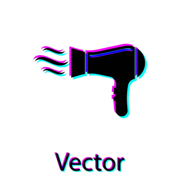 Secador de pelo negro icono aislado sobre fondo blanco. Señal de secador de pelo. Símbolo de secado. Soplando aire caliente. Ilustración vectorial — Vector de stock