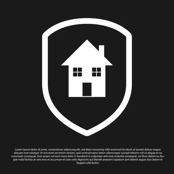 Zwart huis onder bescherming pictogram geïsoleerd op zwarte achtergrond. Huis en schild. Bescherming, veiligheid, beveiliging, bescherming, defensie concept. Vector illustratie — Stockvector