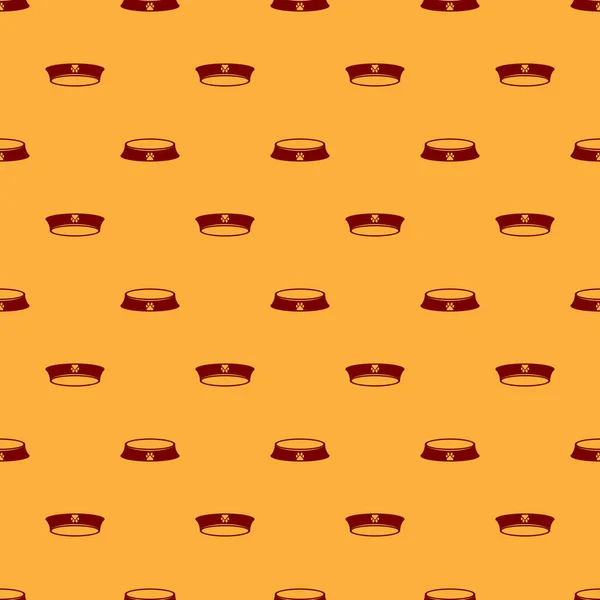 Rode pet food Bowl voor kat of hond pictogram geïsoleerd naadloze patroon op bruine achtergrond. Hond of kat Paw Print. Vector illustratie — Stockvector