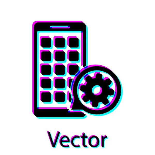 Черный мобильный телефон и значок экипировки на белом фоне. Настройка приложения, концепции сервиса, настройки опций, обслуживания, ремонта, фиксации. Векторная миграция — стоковый вектор