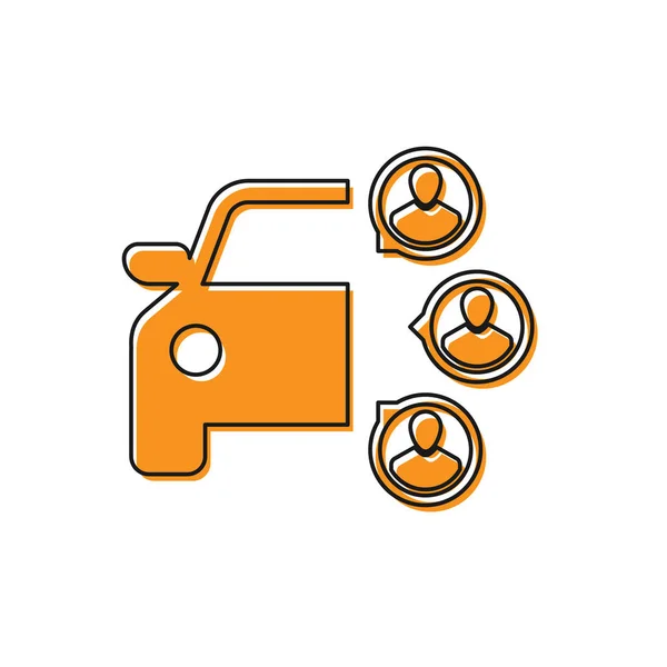 Orange Partage de voiture avec groupe de personnes icône isolé sur fond blanc. Panneau d'autopartage. Transport location concept de service. Illustration vectorielle — Image vectorielle