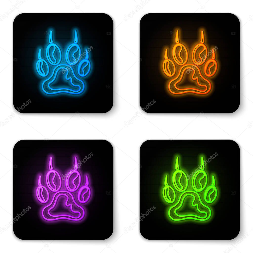 Glowing neon Paw print icon isolated on white background. Dog or cat paw print. Animal track. Black square button. Vector Illustration