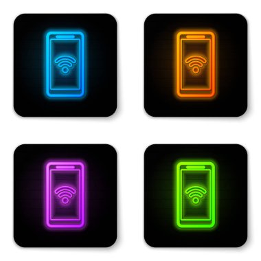 Beyaz arka planda izole ücretsiz wi-fi kablosuz bağlantı simgesi ile Parlayan neon Smartphone. Kablosuz teknoloji, wi-fi bağlantısı, kablosuz ağ. Siyah kare düğme. Vektör İllüstrasyonu