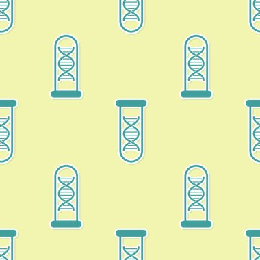 Yeşil DNA araştırması, arama simgesi sarı arka plan üzerinde izole dikişsiz desen. Genetik mühendisliği, genetik testi, klonlama, babalık testi. Vektör İllüstrasyonu