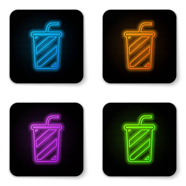 Beyaz arka plan üzerinde izole su simgesi ile Parlayan neon Cam. Soda, pipetli bardak içilir. Taze soğuk içecek sembolü. Siyah kare düğme. Vektör İllüstrasyonu