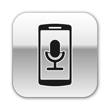 Siyah Mobil kayıt simgesi beyaz arka planda yalıtılmış. Mikrofonlu cep telefonu. Ses kaydedici uygulaması akıllı telefon arayüzü. Gümüş kare düğme. Vektör İllüstrasyonu