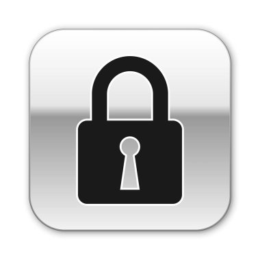 Beyaz arka planda yalıtılmış Siyah Kilit simgesi. Kapalı asma kilit işareti. Siber güvenlik konsepti. Dijital veri koruması. Güvenlik güvenliği. Gümüş kare düğme. Vektör İllüstrasyonu