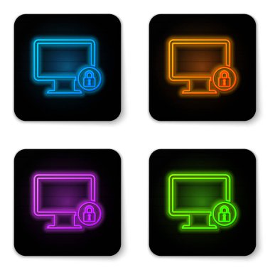 Beyaz arka planda yalıtılmış bilgisayar monitörü ekran simgesinde parlayan neon Kilit. Monitör ve asma kilit. Güvenlik, güvenlik, koruma konsepti. Güvenli internet çalışması. Siyah kare düğme. Vektör İllüstrasyonu