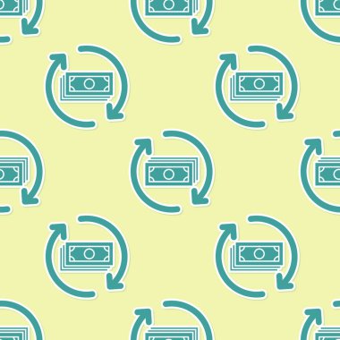 Yeşil İade para simgesi sarı arka plan üzerinde sorunsuz desen izole. Finansal hizmetler, nakit iade kavramı, para iadesi, yatırım getirisi, tasarruf hesabı. Düz tasarım. Vektör İllüstrasyonu