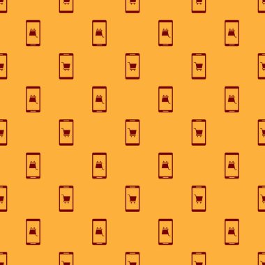 Kırmızı cep telefonu ve alışveriş arabası ikonu kahverengi arka planda izole edilmiş pürüzsüz desen. İnternetten satın alma sembolü. Süpermarket sepeti sembolü. Vektör İllüstrasyonu