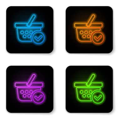 Beyaz arka planda yalıtılmış onay işareti simgesine sahip parlayan neon Alışveriş sepeti. Onaylı süpermarket sepeti, onaylamak, bitmiş, kene, tamamlanmış sembol. Siyah kare düğme. Vektör İllüstrasyonu