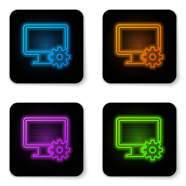 Beyaz arka planda izole edilmiş parlayan neon Bilgisayar monitörü ve dişli simgesi. Uygulamayı ayarlama, ayarlama seçenekleri, bakım, onarım, monitör kavramlarını sabitleme. Siyah kare düğme. Vektör İllüstrasyonu