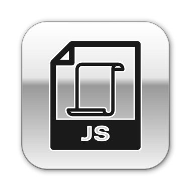 Siyah Js dosya belge simgesi. Beyaz arka planda yalıtılmış js düğme simgesini indirin. Js dosya sembolü. Gümüş kare düğme. Vektör İllüstrasyonu