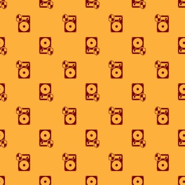 Kırmızı Sabit disk sürücüsü (Hdd) koruma simgesi kahverengi arka plan üzerinde sorunsuz desen izole. Düz tasarım. Vektör İllüstrasyonu