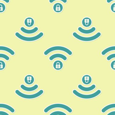 Yeşil Wifi kilitli işaret simgesi sarı arka plan üzerinde sorunsuz desen izole. Şifre Wi-fi simgesi. Kablosuz Ağ simgesi. Wifi bölgesi. Vektör İllüstrasyonu