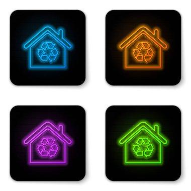 Beyaz arka plan üzerinde izole geri dönüşüm sembolü simgesi ile Parlayan neon Eco House. Geri dönüşüm okları ile Ekoloji ev. Siyah kare düğme. Vektör İllüstrasyonu