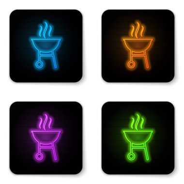 Beyaz arka plan üzerinde izole parlayan neon Barbekü ızgara simgesi. Barbekü ızgara partisi. Siyah kare düğme. Vektör İllüstrasyonu