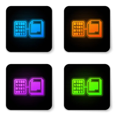 Beyaz arka planda yalıtılmış parlayan neon Smart sözleşme simgesi. Blockchain teknolojisi, kripto para madenciliği, bitcoin, altcoins, dijital para piyasası. Siyah kare düğme. Vektör İllüstrasyonu