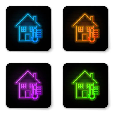 Beyaz arka planda izole parlayan neon House sıcaklık simgesi. Termometre simgesi. Siyah kare düğme. Vektör İllüstrasyonu