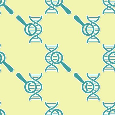 Yeşil DNA araştırması, arama simgesi sarı arka plan üzerinde izole dikişsiz desen. Büyüteç ve DNA zinciri. Genetik mühendisliği, klonlama, babalık testi. Vektör İllüstrasyonu