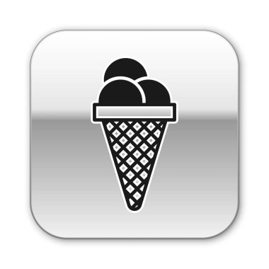 Beyaz arka plan üzerinde izole waffle konisi simgesi siyah Dondurma. Tatlı bir sembol. Gümüş kare düğme. Vektör İllüstrasyonu