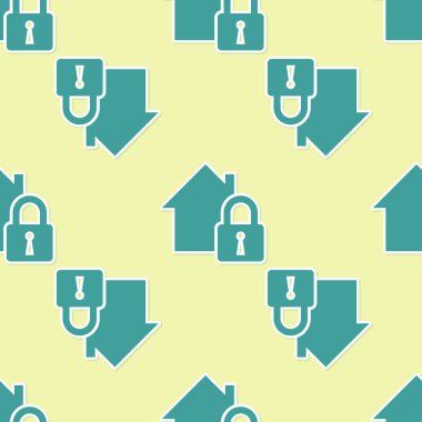 Green House koruma simgesi altında sarı arka plan üzerinde sorunsuz desen izole. Eve ve kilitle. Koruma, güvenlik, güvenlik, koruma, savunma konsepti. Vektör İllüstrasyonu