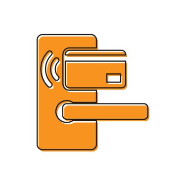 Beyaz arka planda yalıtılmış simge kilidini açmak için kablosuz teknolojiye sahip Turuncu Dijital kapı kilidi. Kapı kolu işareti. Kavramın güvenlik akıllı ev. Vektör İllüstrasyonu