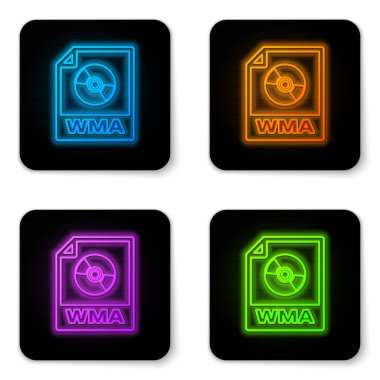 Parlayan neon Wma dosya belge simgesi. Beyaz arka planda yalıtılmış wma düğmesi simgesini indirin. Wma dosya sembolü. Wma müzik formatı işareti. Siyah kare düğme. Vektör İllüstrasyonu