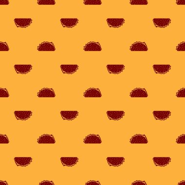 Tortilla simgesi ile Kırmızı Taco kahverengi arka plan üzerinde izole dikişsiz desen. Geleneksel Meksika fast food'u. Vektör İllüstrasyonu