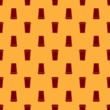 Kırmızı Kahve fincan simgesi kahverengi arka plan üzerinde dikişsiz desen izole. Sıcak kahve ile tek kullanımlık kahve fincanı. Düz tasarım. Vektör İllüstrasyonu
