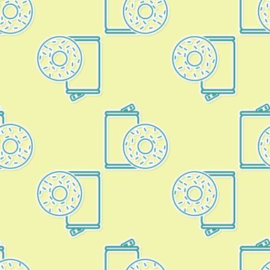 Yeşil Alüminyum olabilir soda ve donut simgesi sarı arka plan üzerinde izole dikişsiz desen. Fast food sembolü. Vektör İllüstrasyonu