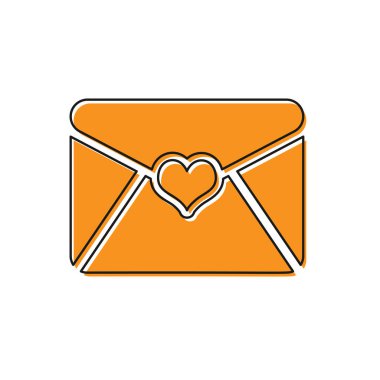 Turuncu Zarf Valentine kalp simgesi beyaz arka plan üzerinde izole ile. Mektup aşk ve romantizm. Vektör İllüstrasyonu