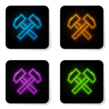 Parlayan neon Beyaz arka plan üzerinde izole iki çapraz çekiç simgesi. Onarım aracı. Siyah kare düğme. Vektör İllüstrasyonu