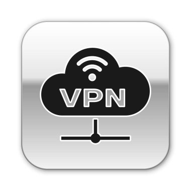 Siyah Vpn Ağı bulut bağlantı simgesi beyaz arka planda yalıtılmış. Sosyal teknoloji. Bulut bilgi işlem konsepti. Gümüş kare düğme. Vektör İllüstrasyonu