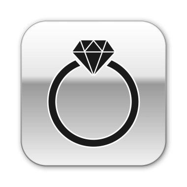 Siyah Elmas nişan yüzüğü simgesi beyaz arka plan üzerinde izole. Gümüş kare düğme. Vektör İllüstrasyonu