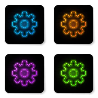 Beyaz arka planda izole edilmiş parlayan neon Dişli simgesi. Cogwheel dişli ayarları işareti. Dişli sembolü. Siyah kare düğme. Vektör İllüstrasyonu