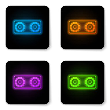 Beyaz arka planda yalıtılmış parlayan neon Stereo hoparlör simgesi. Ses sistemi hoparlörleri. Müzik simgesi. Müzik sütun hoparlör bas ekipmanları. Siyah kare düğme. Vektör İllüstrasyonu