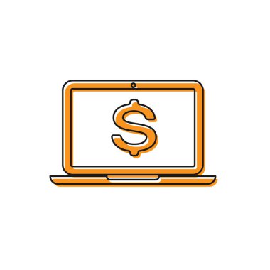 Turuncu Laptop dolar sembolü simgesi beyaz arka plan üzerinde izole ile. Online alışveriş konsepti. Ekonomi kavramı. Vektör İllüstrasyonu