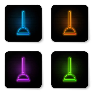 Beyaz arka planda izole edilmiş boru temizleme ikonu için ahşap saplı parlak neon neon lastik pompa. Tuvalet pompası. Siyah kare düğme. Vektör İllüstrasyonu