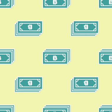 Yeşil Cryptocurrency kavramı bitcoin dairesel mikroçip devre simgesi ile izole kesintisiz desen sarı arka plan üzerinde. Blockchain teknolojisi, dijital para piyasası. Düz tasarım. Vektör İllüstrasyonu