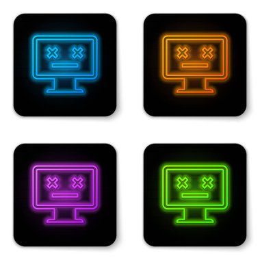 Beyaz arka planda yalıtılmış parlayan neon Dead monitör simgesi. Ölü emoji ile pc gibi 404 hata. Pc sisteminde ölümcül hata. Siyah kare düğme. Vektör İllüstrasyonu