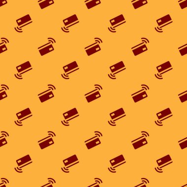 NFC kart simgesi ile Kırmızı Temassız ödeme kahverengi arka plan üzerinde izole dikişsiz desen. Radyo dalga işareti olan kart. Kredi kartı ödemesi. Düz tasarım. Vektör İllüstrasyonu