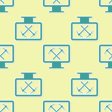 Monitör ve kazma simgesi ile Yeşil Madencilik kavramı sarı arka plan üzerinde sorunsuz desen izole. Blockchain teknolojisi, kripto para madenciliği, dijital para piyasası. Düz tasarım. Vektör İllüstrasyonu