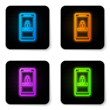 Beyaz arka planda yalıtılmış parlayan neon Cep telefonu ve parola koruma simgesi. Güvenlik, güvenlik, kişisel erişim, kullanıcı izni, gizlilik. Siyah kare düğme. Vektör İllüstrasyonu