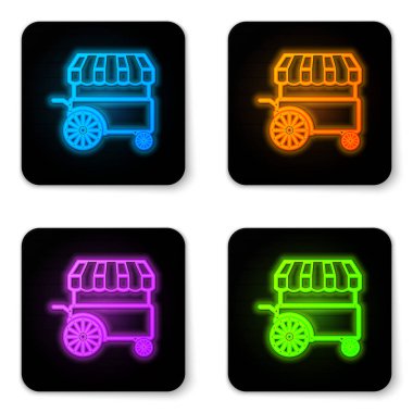 Beyaz arka plan üzerinde izole tente simgesi ile Parlayan neon Fast street gıda sepeti. Şehir köşkü. Siyah kare düğme. Vektör İllüstrasyonu